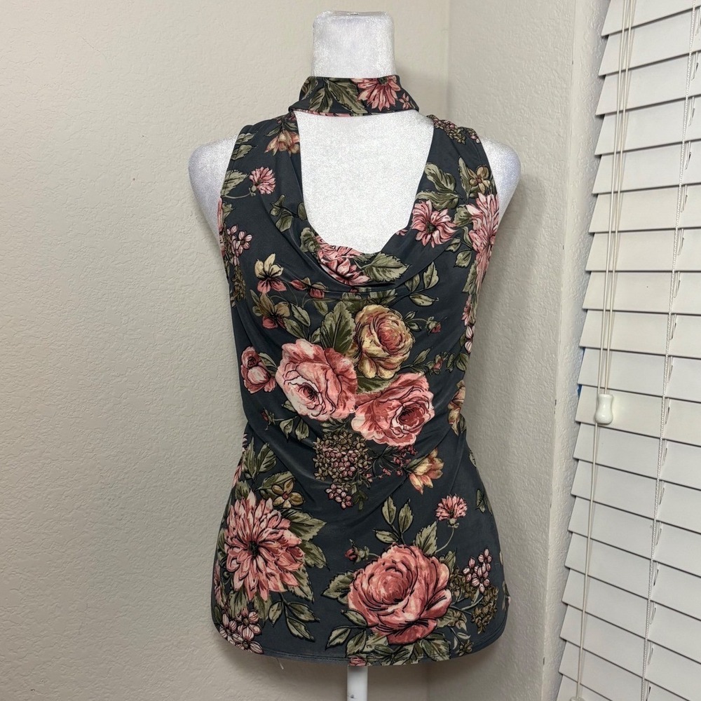 Polly & Esther XL high neck cutout cowl blouse gray pink floral fairycore